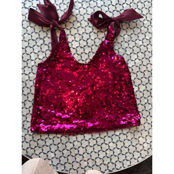 Maeve By Anthropologie Sequined Tie-Strap V-Neck Tank Top Medium Burgundy - Picture 5 of 15